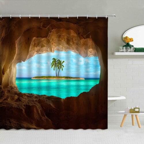 3D Cave Seascape Shower Curtain Beach Flower Coconut Tree Fabric Bathroom Supplies Bath Screen With Hooks Cloth Curtains Decor