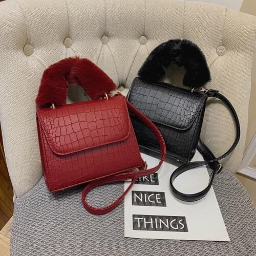 Fashion Alligator PU Leather Crossbody Handbag Totes Women Plush Top Handle Bags Casual Solid Color Female Portable Shoulder Bag