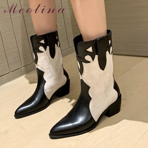 Meotina Women Genuine Leather Fashion Boots Thick High Heel Platform Mid-Claf Boots Pointed Toe Ladies Boots Autumn Winter Black