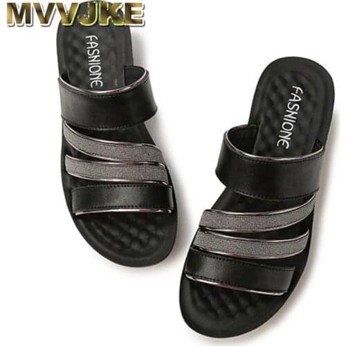 MVVJKE Shoes Woman Summer Sandals Women Leather Flat Comfortable Footwear Beach Slippers Womens Wedge Low Heels Shoes womenshoe