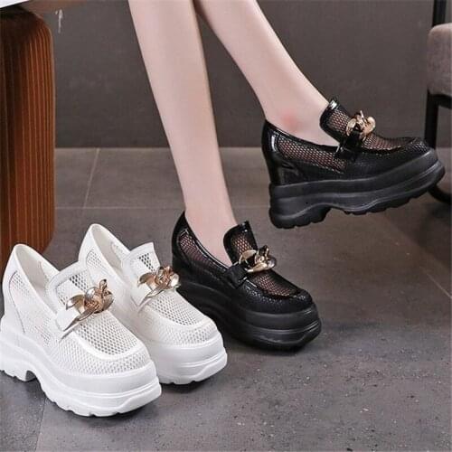 British Style Women Wedges Leather Shoes Heighten Chunky Round Toe Dad Sneakers Ladies Breathable Mesh Surface Platform Loafers