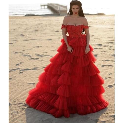 2019 Gorgeous Red Lady Evening Gowns Off Shoulder Charming Beading Organza Ruffles Mother And Child Prom Party Dresses