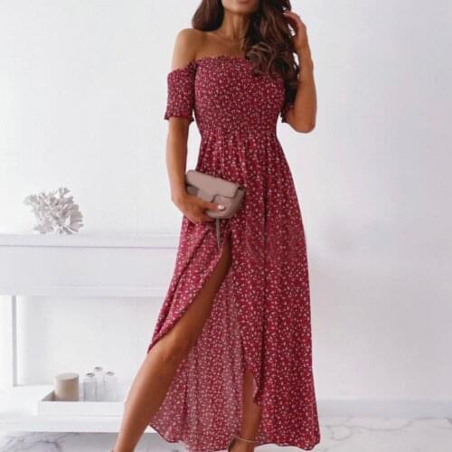 Summer Sexy Stylish New Fashion Women Off Shoulder Long Dress Floral Printed Slim High Split Short Sleeve Maxi Dress Streetwear