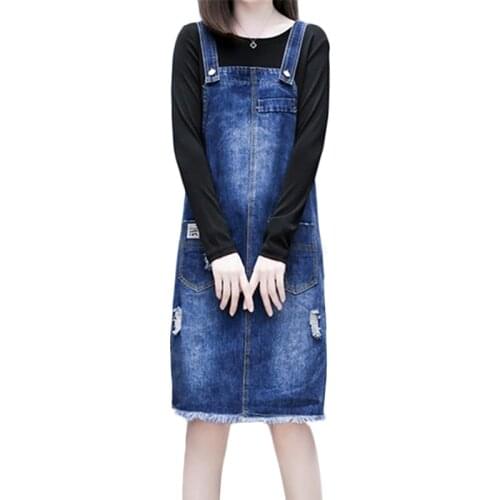 Women Plus size Denim Strap Dress Loose Autumn Korean Long section Hole Denim Bottom Dresses Womens Casual Overalls 4XL F506