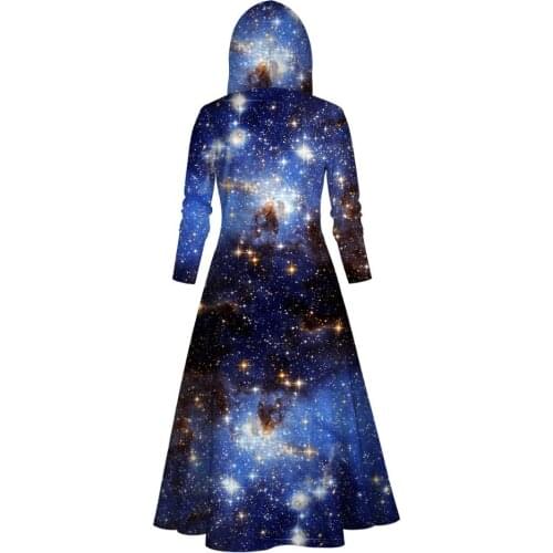 Cape Dress Women Plus Size Long Sleeve Hooded Starry Galaxy Print Autumn Winter Casual Long Cloak Dress Vestido 2019 For Girl