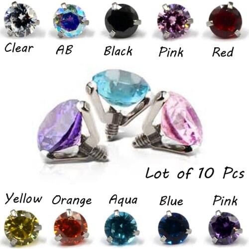 10Pcs Surgical Steel Micro Dermal Piercings Dermal Anchor Top Piercings Skin Diver Round CZ Crystal Top Piercing Body Jewelry