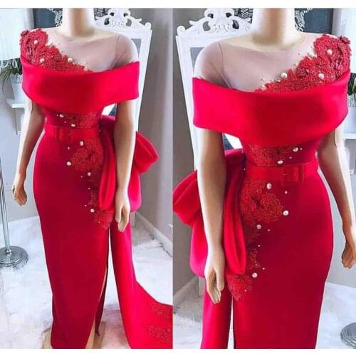 2020 Elegant Red Off The Shoulder Evening Dresses Lace Appliques Formal Party Gowns O Neck Prom Dresses Plus Size