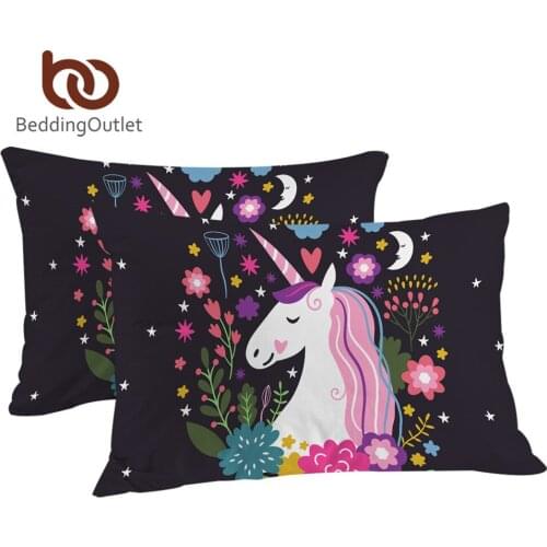 BeddingOutlet Unicorn Body Pillowcase Cartoon Decorative Pillow Case for Kids Girls Cute Pillow Cover Floral Black Bedding 2pcs