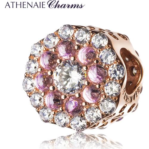 ATHENAIE Rose Gold Color Multi-Colored CZ Pink Shine Flower Charms Beads for Women Original 925 Sterling Silver Charm Bracelets