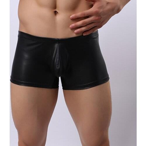 Fast Delivery Sexy Men Faux Leather Underwear Elastic PU Latex Panties Seamless Boxer Shorts Male Exotic Swimsuit Lingerie