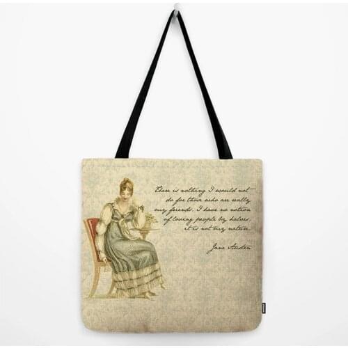Jane Austen Quotes Letter Print Large Shoulder Tote Bag Water Resistant Cotton Linen Carrying Decorative Shopper Grocery Bag
