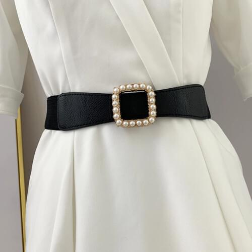 Branded Belts Pearls Fashion Women Elastic Waist Belt Newest gold buckle cummerbunds Thin PU Leather waistband Dress Decoration