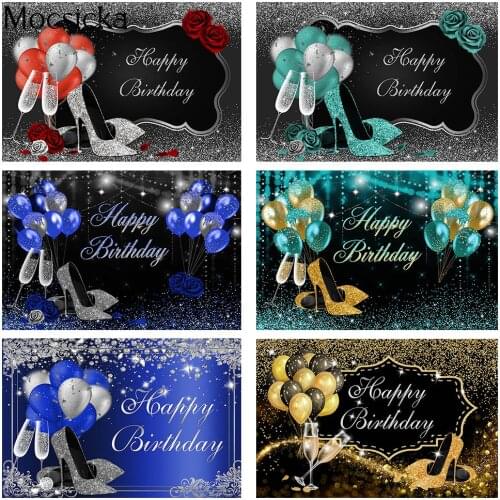 Adult High Heels Themed Birthday Party Backdrop Woman Happy Birthday Cake Smash Background Glitter Bokeh Balloons Photocall