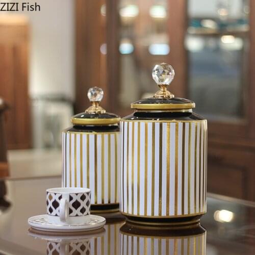 Art Ceramic Tea Coffee Storage Jar Striped Moisture-proof Sealed Jar with Lid Living Room Bookcase Porch Desktop Home Decoration