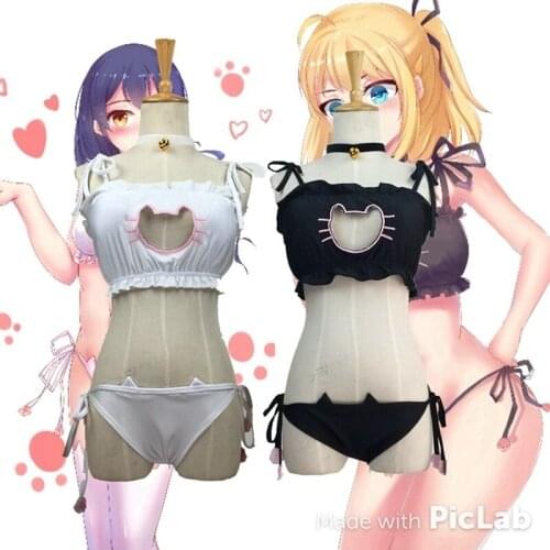 New Arrive Cute Sexy Kawaii Kitty Cat Embroidery Meow star Keyhole Hollow Bra And Underwear Love live Anime Cosplay Lingerie Set