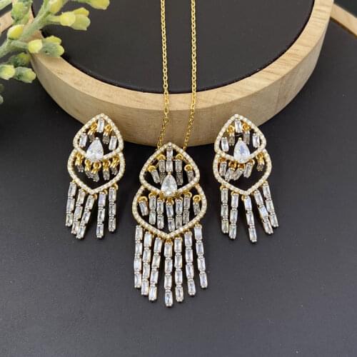 Lanyika Fashion Jewelry Set Delicate Hollow Tassel Zirconia Micro Pave Necklace with Earring for Women Wedding Banquet Best Gift