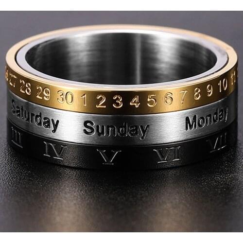Mens Roman Numerals Date Calendar Time Ring For Rotatable Week Finger Gold Stainless Steel Anxiety Fidget Rings