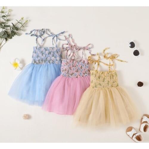 FOCUSNORM 3 Colors Summer Baby Girls Princess Dress Strap Sleeveless Flowers Printed Lace Patchwork Tutu Sundress 1-5Y