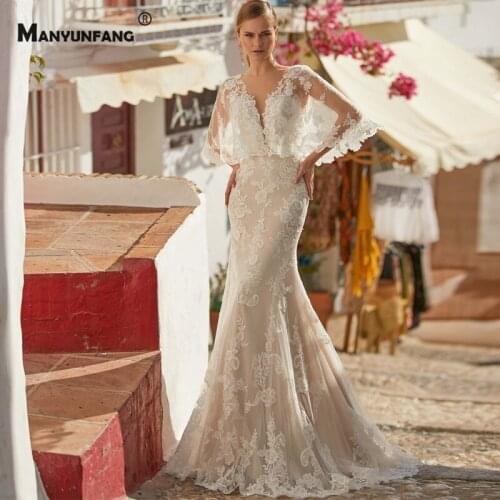 Custom Made V-Neck Embroidery Appliques Tulle Chapel Train Mermaid Wedding Dress High-End Button Back Batwing Sleeve Bridal Gown