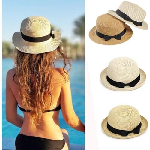 Simple Summer Sun Hats Female Casual Panama Hat Lady Women Flat Round Brim Bowknot Straw Hat Chapeu Verao