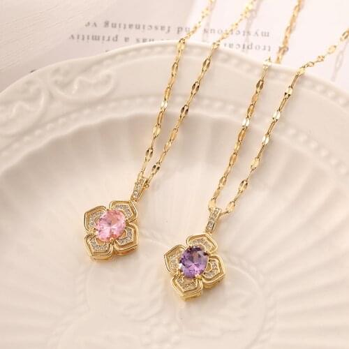 Luxury Full Rhinestone Pink Purple Zircon Crystal Flower Pendant Women Necklace No Fade Gold Color Stainless Steel Jewelry Gift