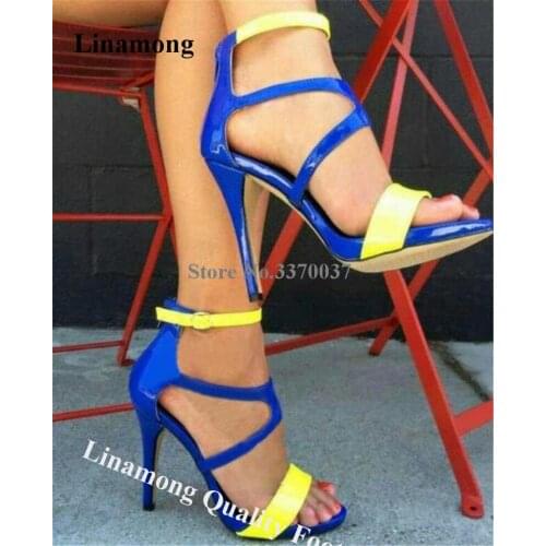 Linamong New Patchwork Stiletto Heel Gladiator Sandals Patent Leather Blue Yellow Mixed-colors High Heel Sandals Dress Shoes
