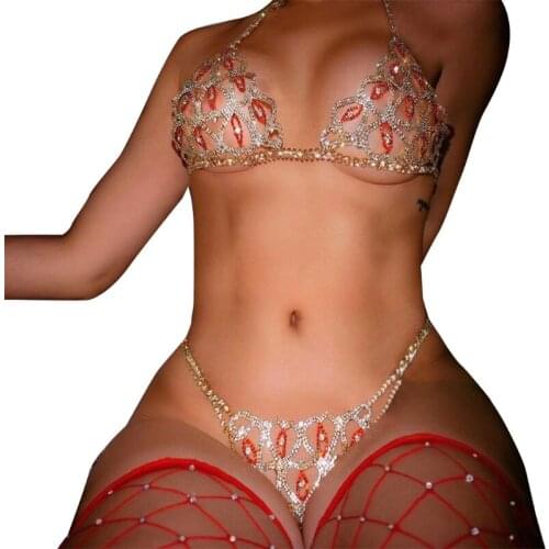 Y166 Women Sexy Heart Rhinestone Underwear Body Chain Suit Bikini Bra Thong Belly Waist Chest Jewelry Party Clubwear Lingerie