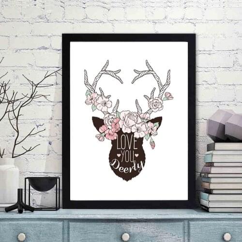 Nordic Elk Head with Flower Canvas Art Modern Home Abstract Nordic Deer Painting Bedroom Study Living Room Decor 18x24"