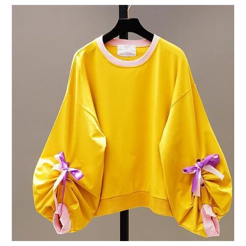 Lace Up Bow Tie Bat Long Sleeved Sweatshirt Girl Ladies 2021 Spring Autumn New Fashion Loose Lantern Sleeve Pullover Coat Hoodie