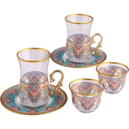 Turkish Tea Cup 18 Pcs Mırra Coffee Set Gold Gilded Inlaid Turquoise Patterned Turkish Arab British French Tea Coffee Set