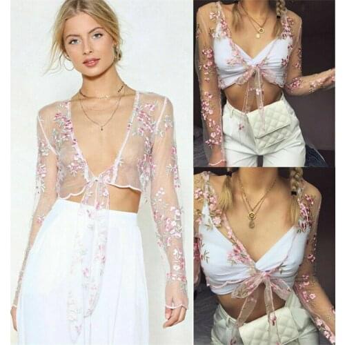 US 2019 Lace Embroidered Perspective Blouse Womens Shirts See Through Sheer Lace Floral Mesh Crop Top Vest Shirt Blouse Tee