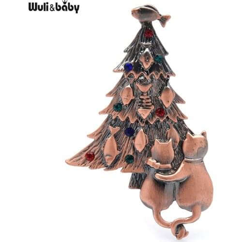 Wuli&baby Vintage Christmas Tree Brooch Couple Cats For Lover Women and Girl Jewelry Gift Brooch Pins 2021 Fashion Accesory