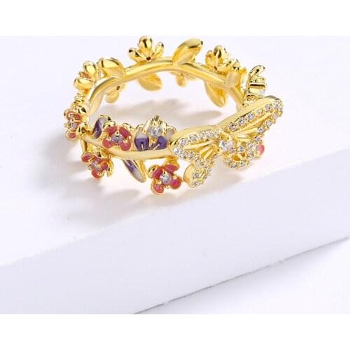 High-End Exquisite 18k Gold Butterfly Floral Colorful Epoxy Enamel Ring For Ladies Wedding Engagement Jewelry