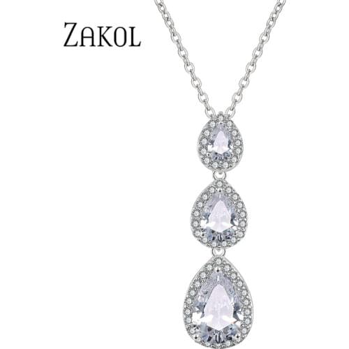 ZAKOL New Fashion 3 Pcs Water Drop Shaped CZ Zirconia Crystal Pendant Necklace for Elegant Women Bride Wedding Jewelry FSNP2077