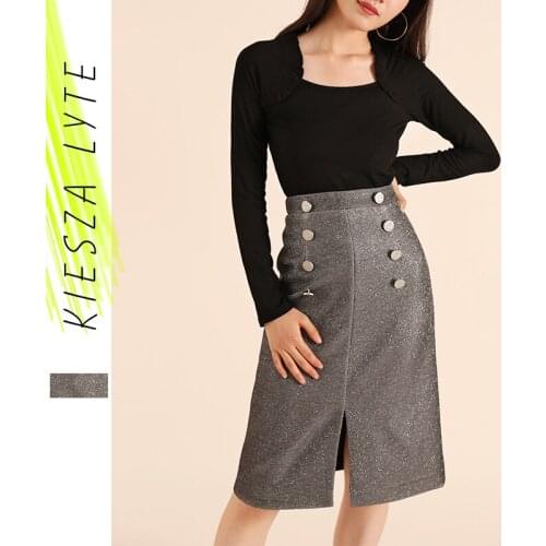 Women Elegant Glossy Skirt High Waist Split Knee Length Button Office Lady Gray Skirts