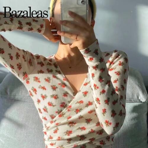 Bazaleas Fashion Floral Print blusas Vintage V Neck Waist Bandage blouse women Cute Blusa feminina