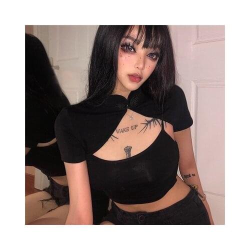 New Harajuku Stand Neck Sexy Short Sleeve Hollow out T-shirts Women Gothic Punk Black Chic Streetwear Summer Female Tops