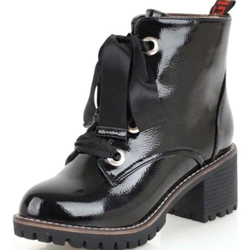 Plus Size 34-43 Black White Patent Leather Women Boots Lace Up Chunky Heels Ankle Martin Boots for Women Winter Shoes WSH4143