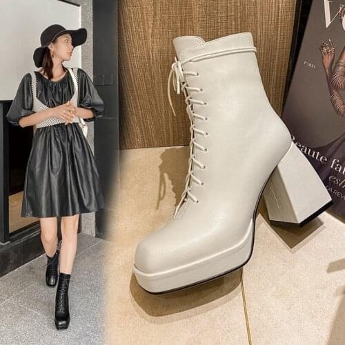 Microfiber Leather Women Boots Chunky Heels Ankle Botas Mujer Lace-up Ladies Short Booties Square Toe Zipper Side Cowboy Boots