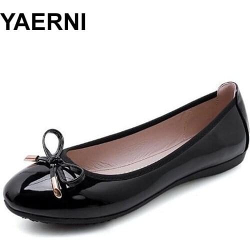 YAERNBig Size 42/43 Ladies Single Shoes Bowtie Flats Patent Leather Loafers Women Round Toe Roll-Up Shoes Woman Bridesmaid Flats