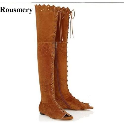 New Design Women Fashion Open Toe Over Knee Flat Suede Leather Gladiator Boots Cut-out Long Flat Boots Bohemia Style Boots