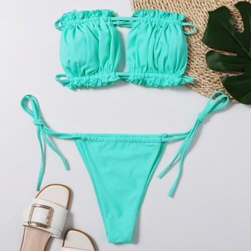 Women Sexy 2pcs Solid Bikini Set Ruched Strapless Hollow Out Bandeau Swimsuit