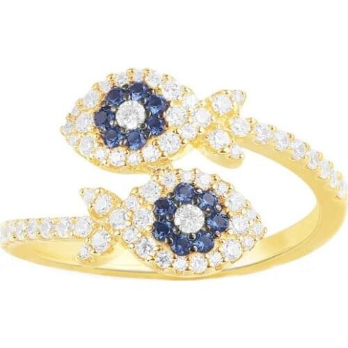 SLJELY Fashion 925 Sterling Silver Yellow Gold Color Lucky Eye Double Fish Finger Ring Pave Zirconia Stones Women Fine Jewelry