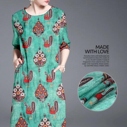 1 Meter Green Peacock, Silk, Flax, and Linen, Printing Spring Summer, Light Fabrics, Mulberry