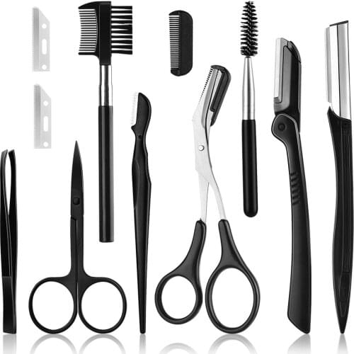 11pcs/ lot Eyebrow Trimmer Eyebrow Razor Kit Eyebrow Scissors Eyebrow Comb Razor for Face Tweezers Eyelash Eyelash Brush