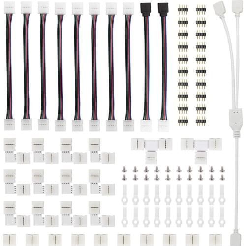 95pcs 5050 4-pin LED Strip Connector Kit with T-Shaped L-Shaped Connectors Strip Jumpers Strip Clips