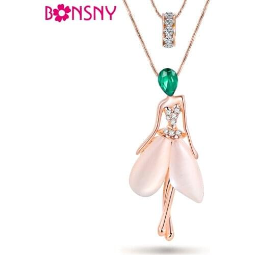 Bonsny angel Fairy necklace opal pendant figure cat eye crystal chain new 2017 zinc alloy girl women fashion jewelry accessories