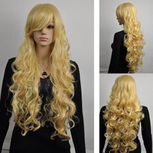 Hot heat resistant Party hair FREE shun>> sexy cosplay costume yellow womens hand weave curly long wig