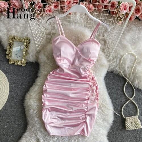 HangCode Sexy Ruched Party Night Club Wrap Mini Dress 2021 Summer Backless Satin Bandage Dress Sundress Pink Black Bodycon