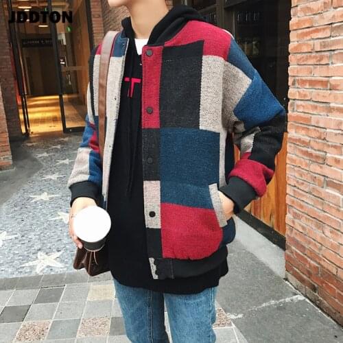 JDDTON Autumn Men Flying Suit Style Sweater Man Streetwear Splice Knitted Casual Woolen Plaid Bomber Sweater Male Clothing JE166